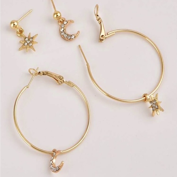 Gold Star & Moon Hoop Earrings - Picture 2 of 5